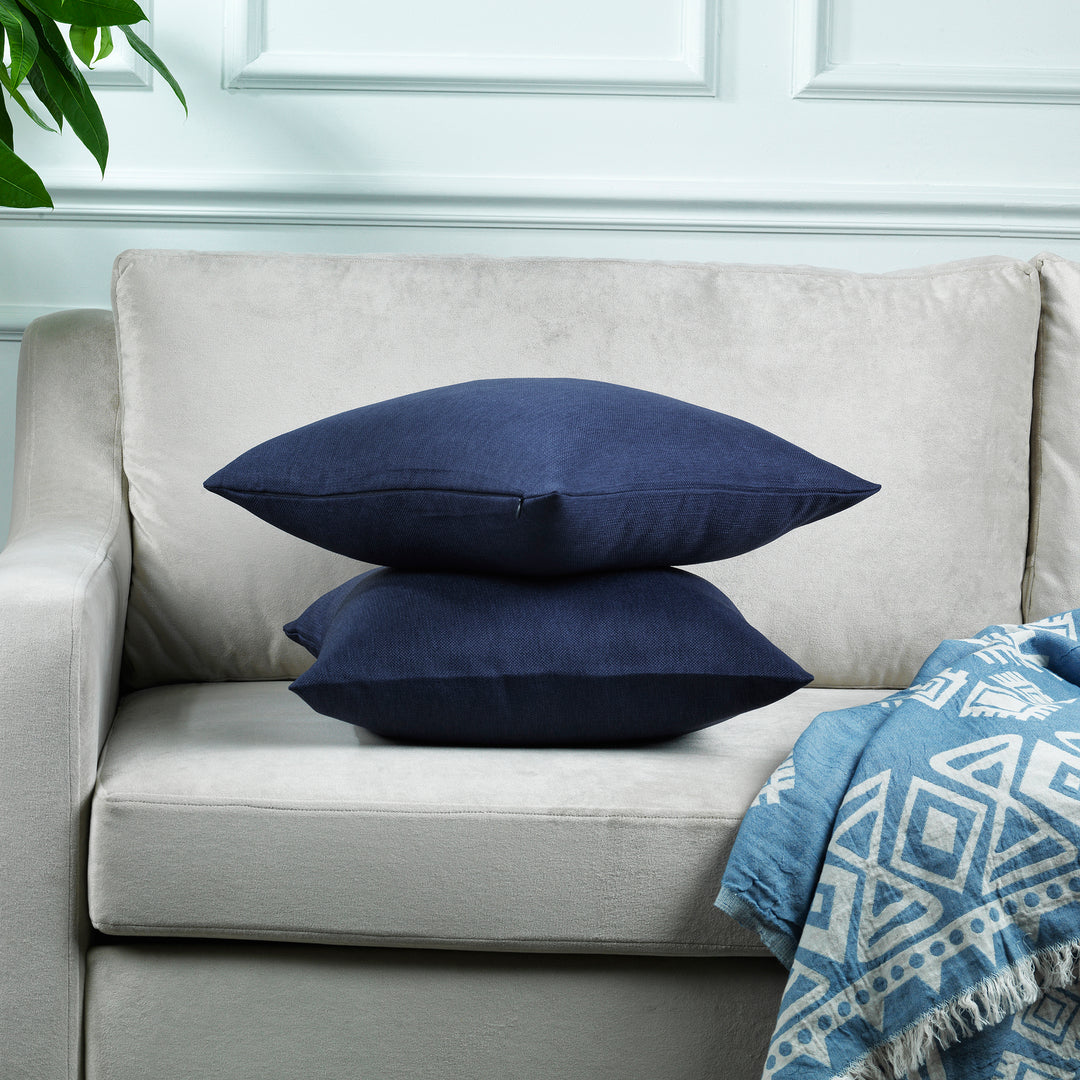 Linen Texture Cushion Covers Set of 2 - Navy Blue Curtain Colors Matching
