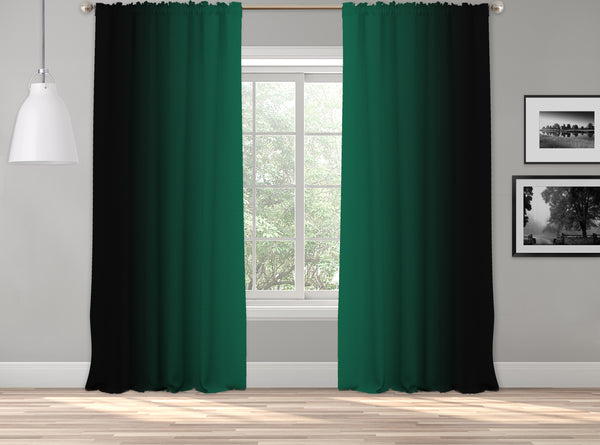 OMBRE Window Darkening Dip Dye Curtain Set of 2 Panels Hanging Rod Pocket & Back Tap Décor Vertical Shades Symmetrical Curtain (DARK GREEN-BLACK)