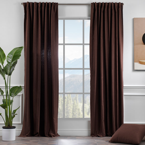Solid Linen Look Curtains Drapes Home Decorative Set of 2 Panels Linen Window Curtains Hanging Back Tap & Rod Pocket Bedroom Office - Brown