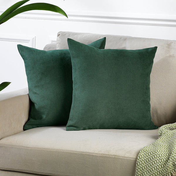 Solid Color Cushion Cover Velvet Look Pillow Case with Invisible Zipper Set of 2 Pieces for Chair Couch & Livingroom Décor Pillowcase - Dark Green