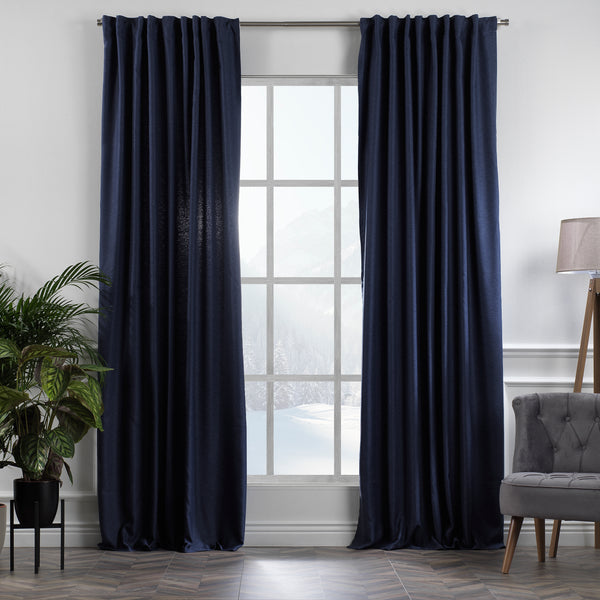 Solid Linen Look Curtains Drapes Home Decorative Set of 2 Panels Linen Window Curtains Hanging Back Tap & Rod Pocket Bedroom Office - Navy Blue
